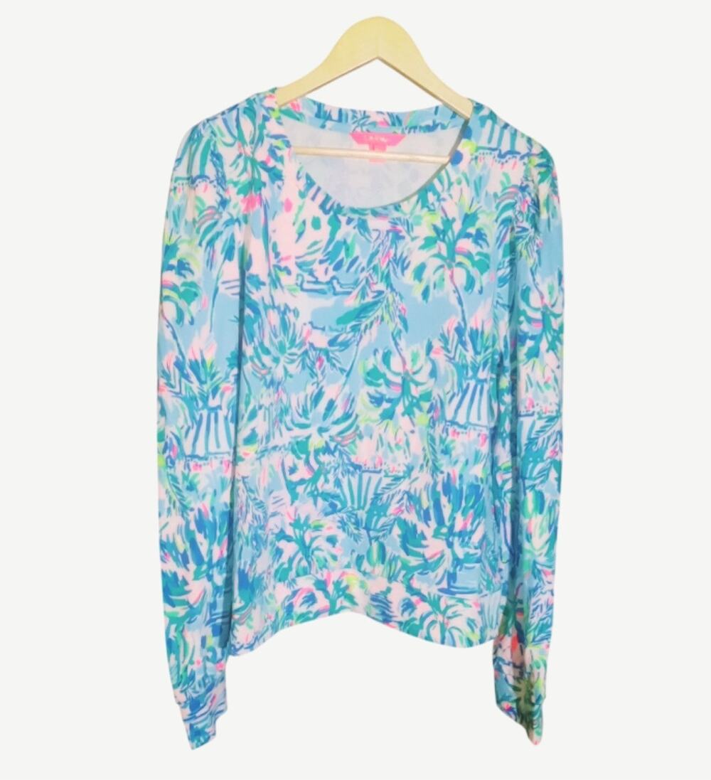 Lilly Pulitzer Womens Jansen Long Sleeve Blue Ibiza Cabana Cocktail Top Size XL